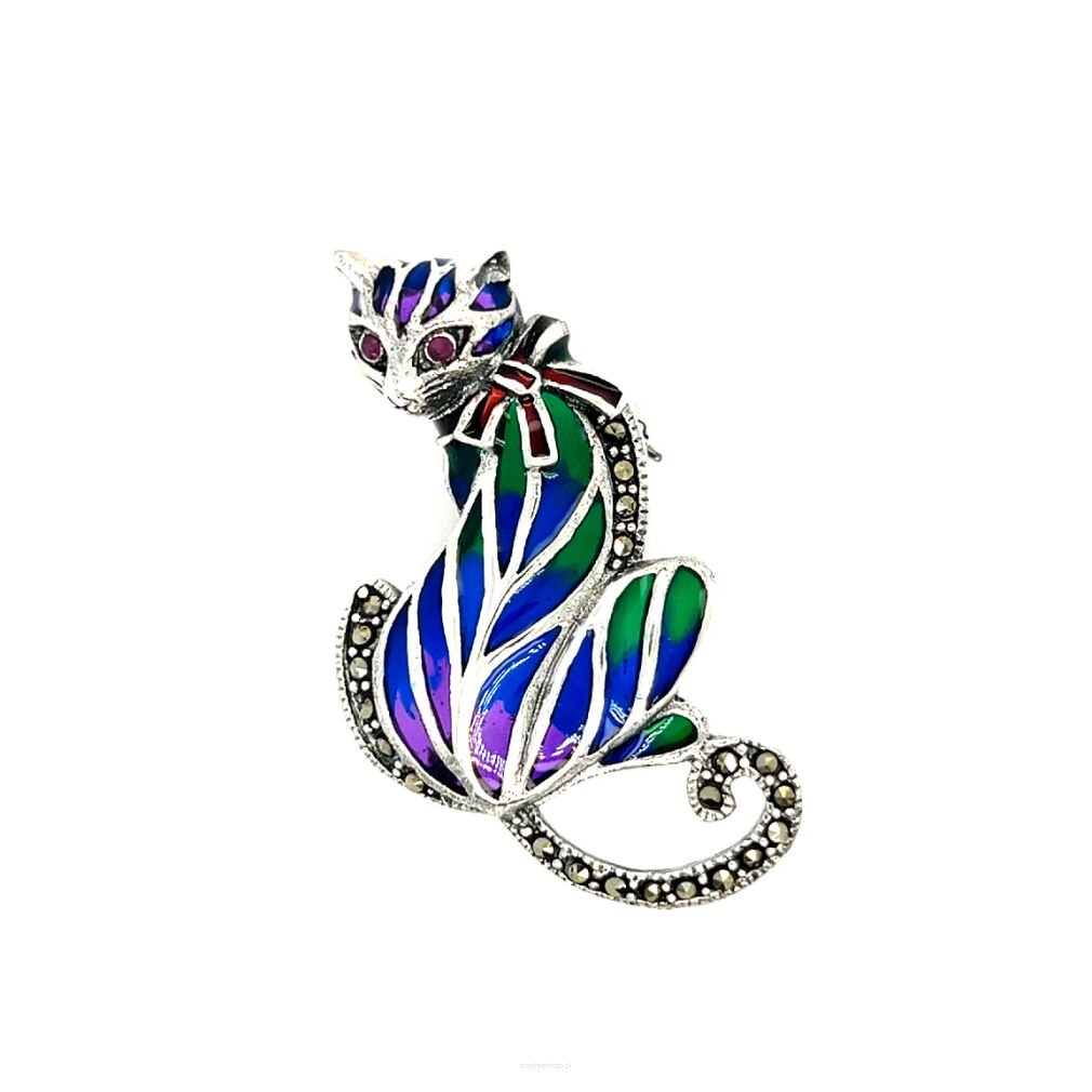 Broszka witraż - srebrny kot z markasytami